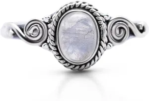 Oval Moonstone Spiral Side - 925 Sterling Silver Ring - Delicate BOHO Chic Jewelry - Fashionable and Stylish for Women with Velvet Gift Bag/Box - Made by Indian Artisans - Size 5-10