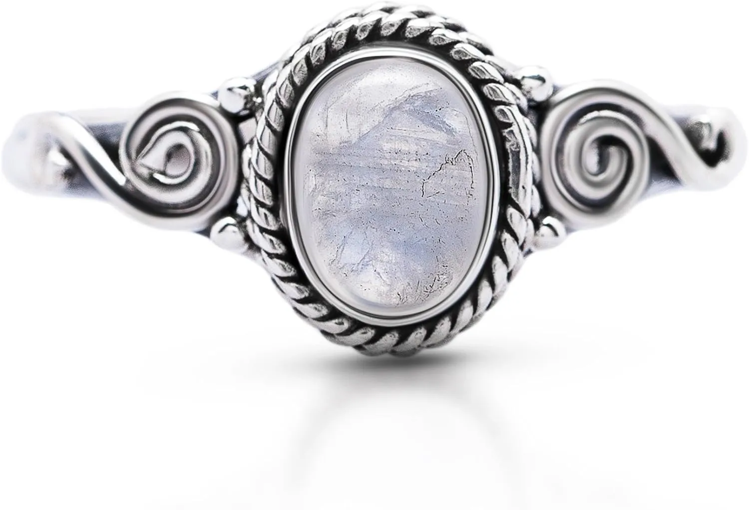 Oval Moonstone Spiral Side - 925 Sterling Silver Ring - Delicate BOHO Chic Jewelry - Fashionable and Stylish for Women with Velvet Gift Bag/Box - Made by Indian Artisans - Size 5-10