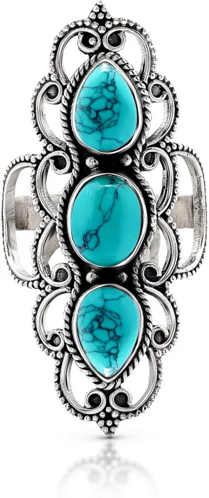 Oval Synthetic Turquoise 3 Stones 925 Sterling Silver Ring - Delicate BOHO Chic Jewelry - Fashionable and Stylish for Women with Velvet Gift Bag / Box - Made by Indian Artisans - Size 6-10 By Koral Jewelry