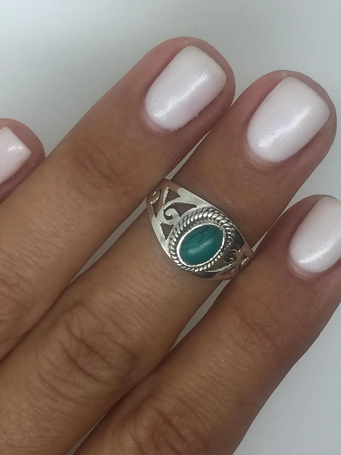 Oval Synthetic Turquoise - 925 Sterling Silver Lace Ring - Delicate BOHO Chic Jewelry - Fashionable and Stylish for Women with Velvet Gift Bag/Box - Made by Indian Artisans - Size 5-9