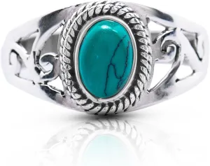 Oval Synthetic Turquoise - 925 Sterling Silver Lace Ring - Delicate BOHO Chic Jewelry - Fashionable and Stylish for Women with Velvet Gift Bag/Box - Made by Indian Artisans - Size 5-9