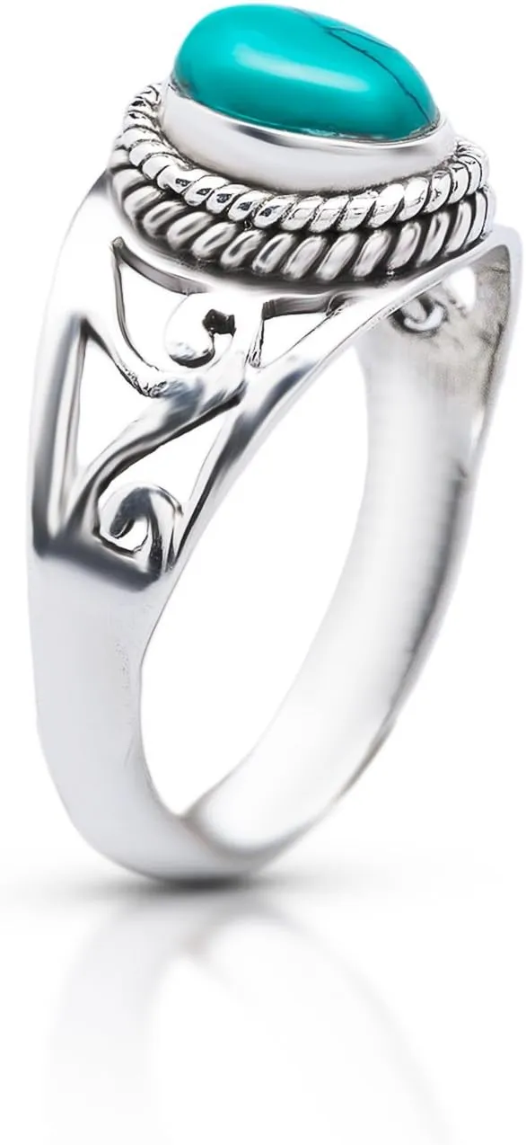 Oval Synthetic Turquoise - 925 Sterling Silver Lace Ring - Delicate BOHO Chic Jewelry - Fashionable and Stylish for Women with Velvet Gift Bag/Box - Made by Indian Artisans - Size 5-9