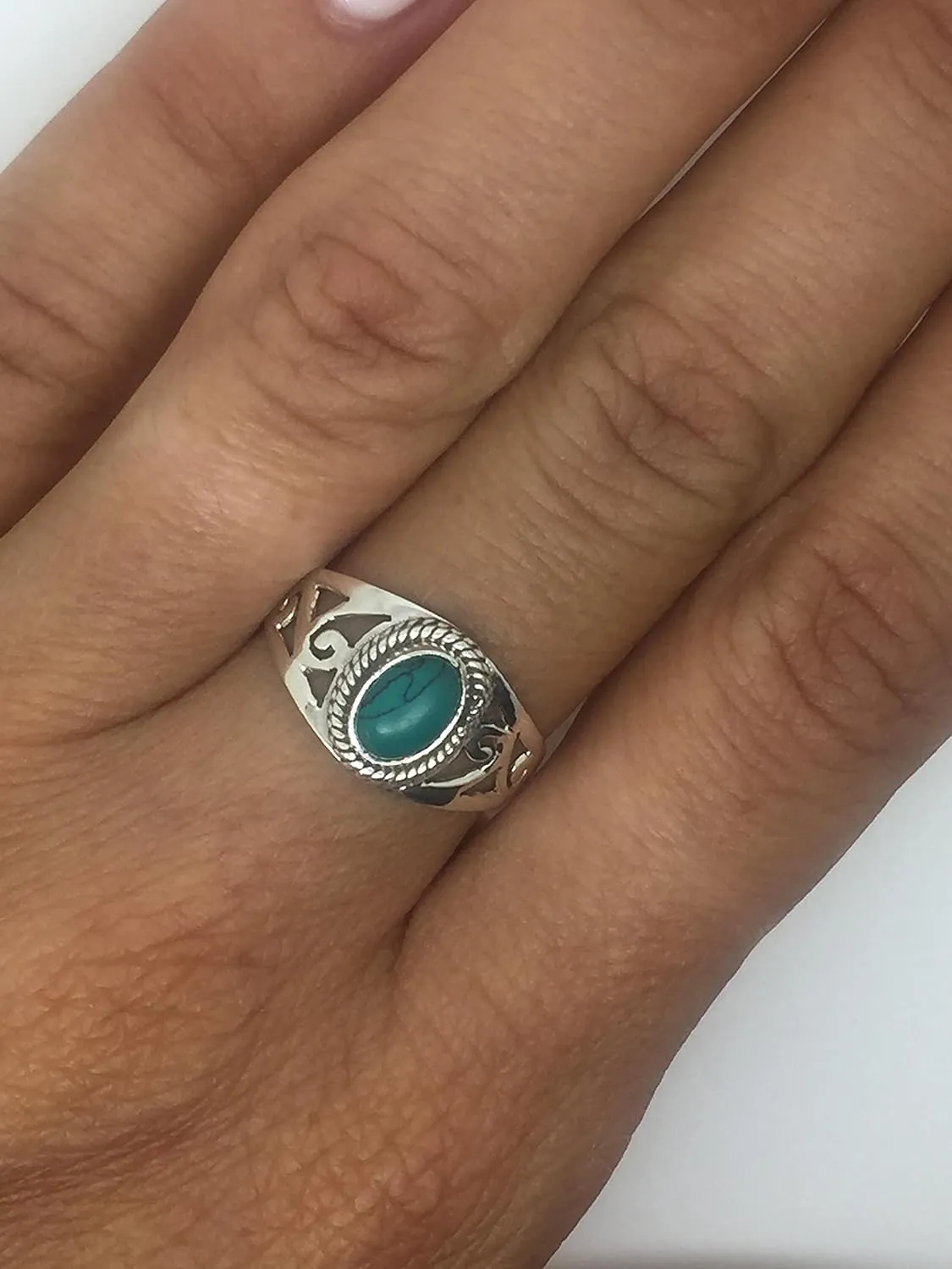 Oval Synthetic Turquoise - 925 Sterling Silver Lace Ring - Delicate BOHO Chic Jewelry - Fashionable and Stylish for Women with Velvet Gift Bag/Box - Made by Indian Artisans - Size 5-9
