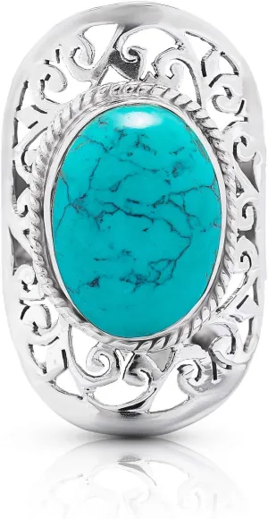 Oval Synthetic Turquoise 925 Sterling Silver Lace Ring - Delicate BOHO Chic Jewelry - Fashionable and Stylish for Women with Velvet Gift Bag/Box - Made by Indian Artisans - Size 6-10