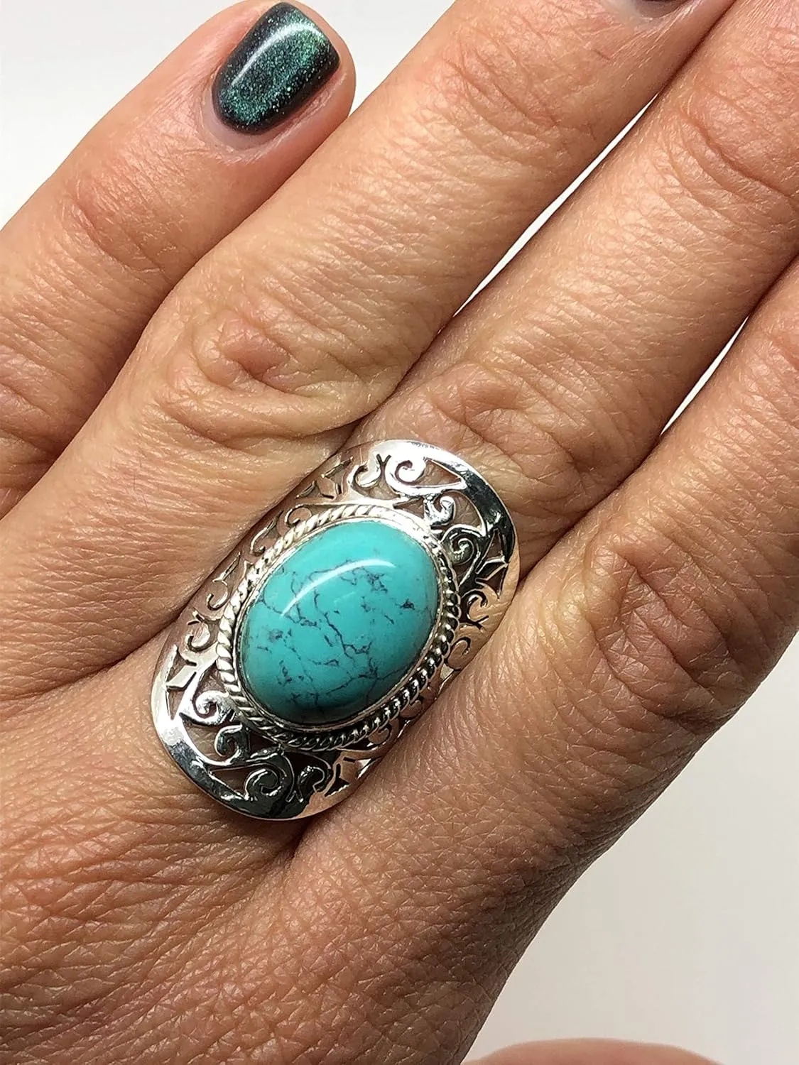 Oval Synthetic Turquoise 925 Sterling Silver Lace Ring - Delicate BOHO Chic Jewelry - Fashionable and Stylish for Women with Velvet Gift Bag/Box - Made by Indian Artisans - Size 6-10
