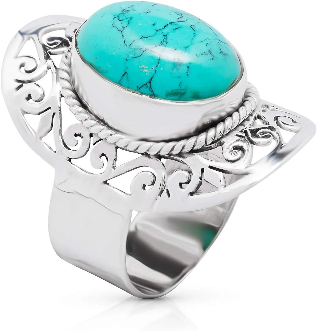 Oval Synthetic Turquoise 925 Sterling Silver Lace Ring - Delicate BOHO Chic Jewelry - Fashionable and Stylish for Women with Velvet Gift Bag/Box - Made by Indian Artisans - Size 6-10