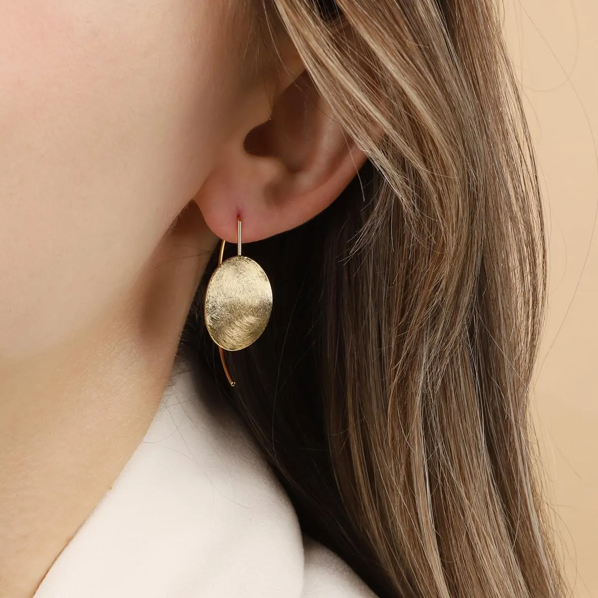 OZEL Gold Dangle Earrings for Women Brushed Finish, Matte Gold Statement Jewelry, 14k Gold Plated