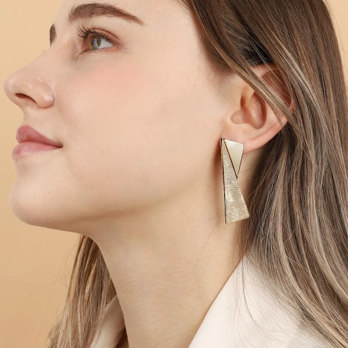 OZEL Gold Dangle Earrings for Women Brushed Finish, Matte Gold Statement Jewelry, 14k Gold Plated