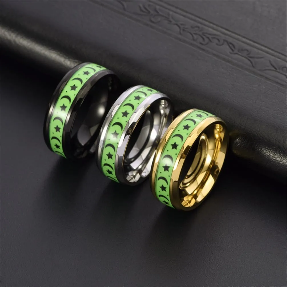 PAMTIER Men's 8mm Stainless Steel Simple Classic Moon Star Wedding Luminous Ring Personalized Couple Starry Sky Band Glow in The Dark