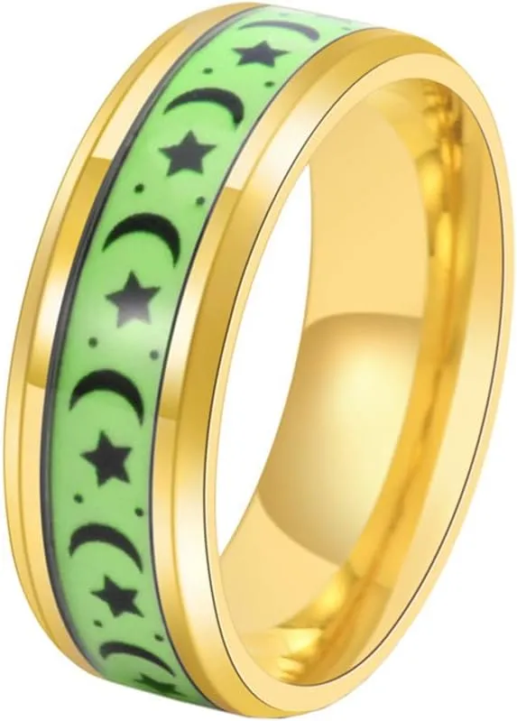 PAMTIER Men's 8mm Stainless Steel Simple Classic Moon Star Wedding Luminous Ring Personalized Couple Starry Sky Band Glow in The Dark