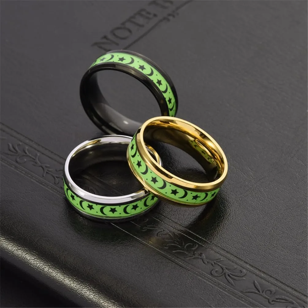 PAMTIER Men's 8mm Stainless Steel Simple Classic Moon Star Wedding Luminous Ring Personalized Couple Starry Sky Band Glow in The Dark