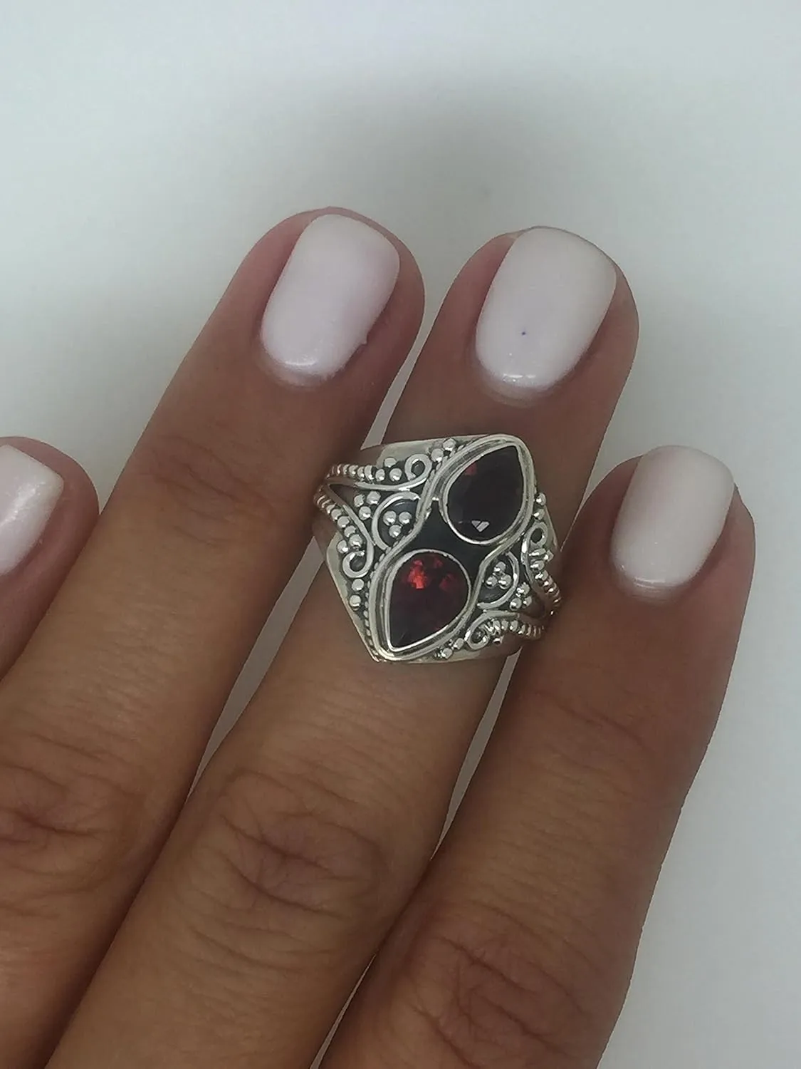 Pear Garnet Multi Stone -925 Sterling Silver Ethnic Ring - Gipsy BOHO Chic Jewelry - Fashionable and Stylish for Women with Velvet Gift Bag/Box - Made by Indian Artisans - Size 6-9