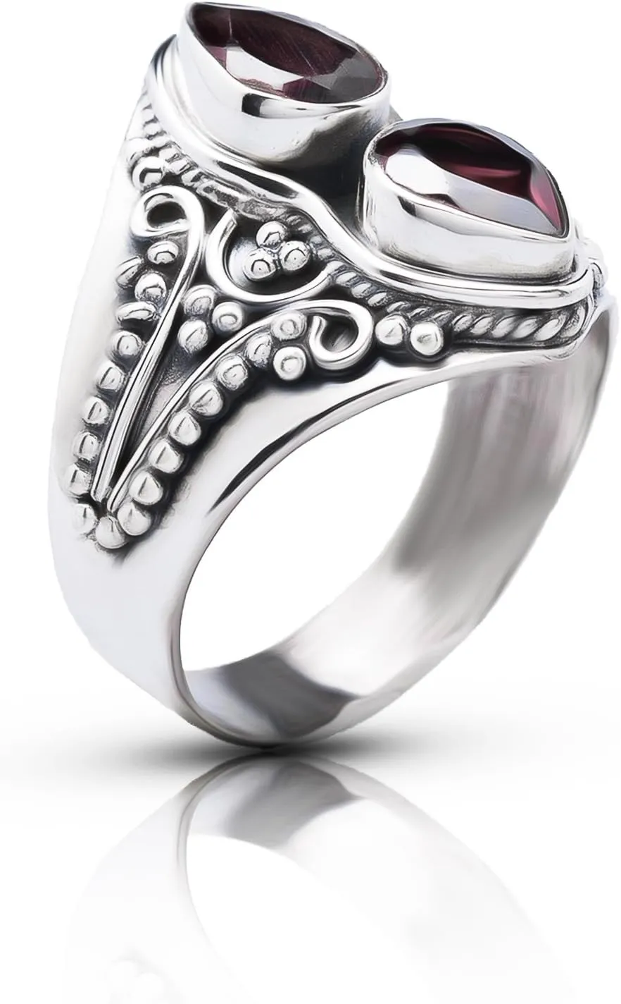 Pear Garnet Multi Stone -925 Sterling Silver Ethnic Ring - Gipsy BOHO Chic Jewelry - Fashionable and Stylish for Women with Velvet Gift Bag/Box - Made by Indian Artisans - Size 6-9