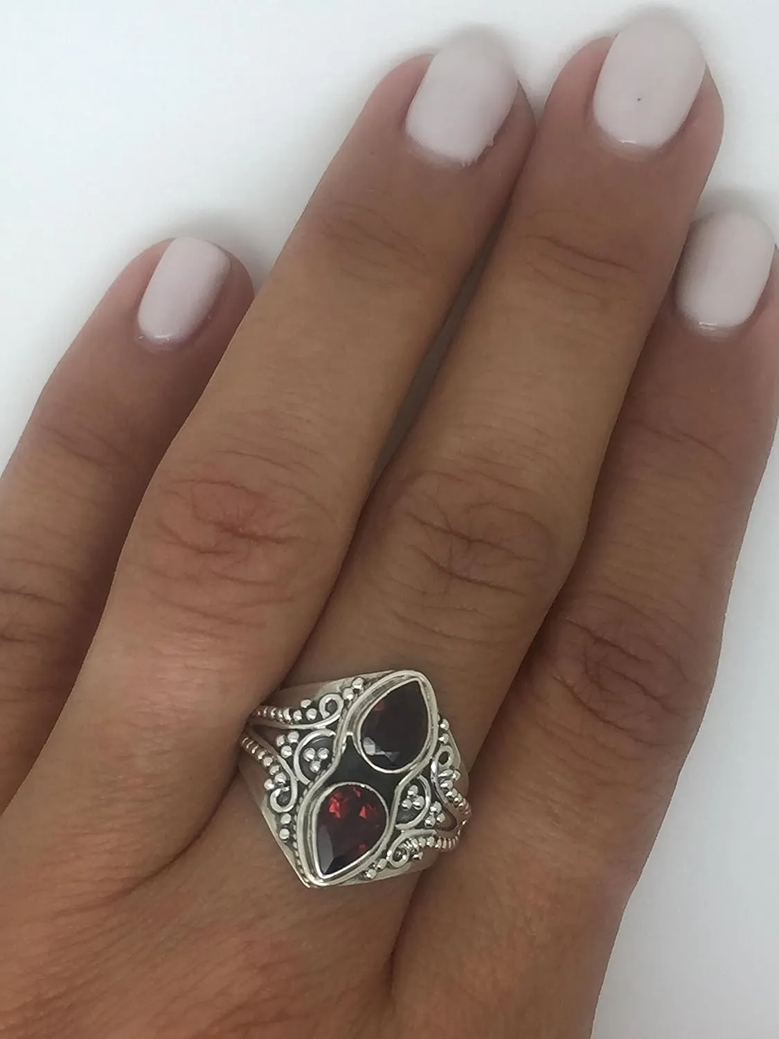 Pear Garnet Multi Stone -925 Sterling Silver Ethnic Ring - Gipsy BOHO Chic Jewelry - Fashionable and Stylish for Women with Velvet Gift Bag/Box - Made by Indian Artisans - Size 6-9
