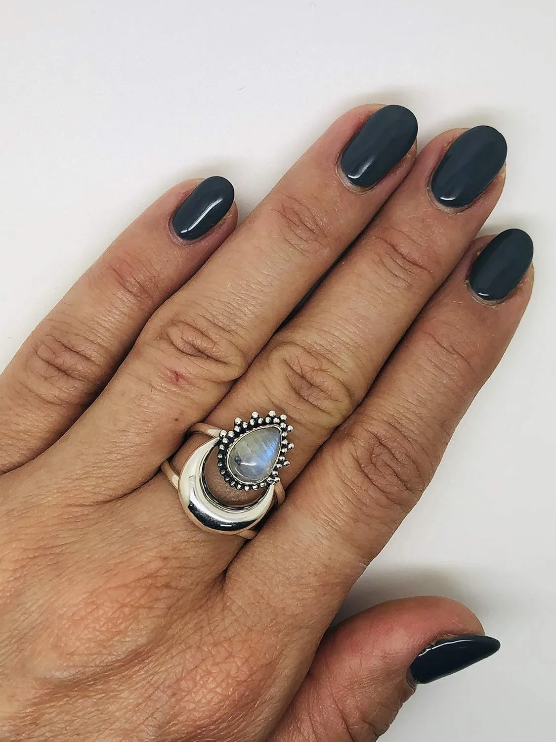 Pear Moonstone 925 Sterling Silver Ring - BOHO Chic Jewelry - Fashionable and Stylish for Women with Velvet Gift Bag - Made by Indian Artisans - Size 6-10