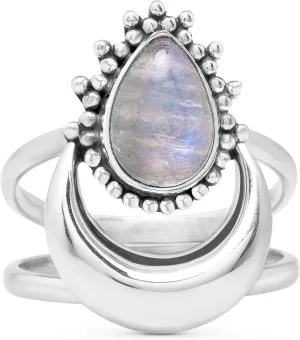 Pear Moonstone 925 Sterling Silver Ring - BOHO Chic Jewelry - Fashionable and Stylish for Women with Velvet Gift Bag - Made by Indian Artisans - Size 6-10