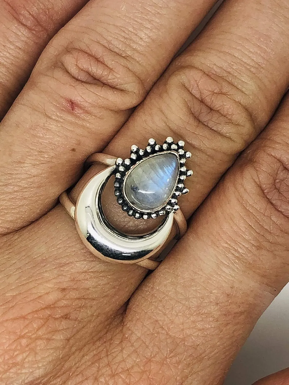 Pear Moonstone 925 Sterling Silver Ring - BOHO Chic Jewelry - Fashionable and Stylish for Women with Velvet Gift Bag - Made by Indian Artisans - Size 6-10