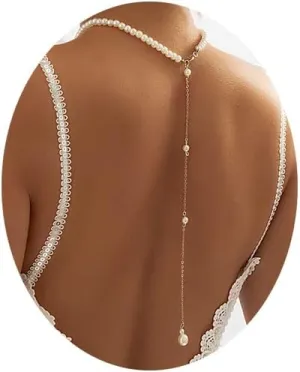 Pearl Backdrop Necklace for Women Pearl Back Chain Y Lariat Necklace Long Pearl Pendant Necklaces Wedding Bridal for Women Jewelry Gifts(Pearl Necklace)