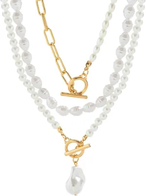 Pearl Beaded Choker Layered Necklaces for Women,with Gold vintage Trendy Chunky Link Chain,18K Gold Choker Punk Women Party Jewelry