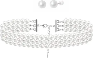 Pearl Choker Necklace for Women Wedding, Boho Dainty Round Imitation Pearl Layered Strands Vintage Chocker Necklace Set, Layered Pearl Necklaces Bridal Elegant Multi-layer Pearl Costume Jewelry