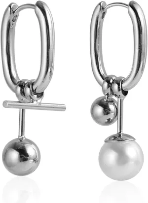 Pearl Huggie Earrings Minimalist Asymmetrical Pearl Ball U Hoop Earrings Trendy Rectangle Dangle Drop Earings for Women