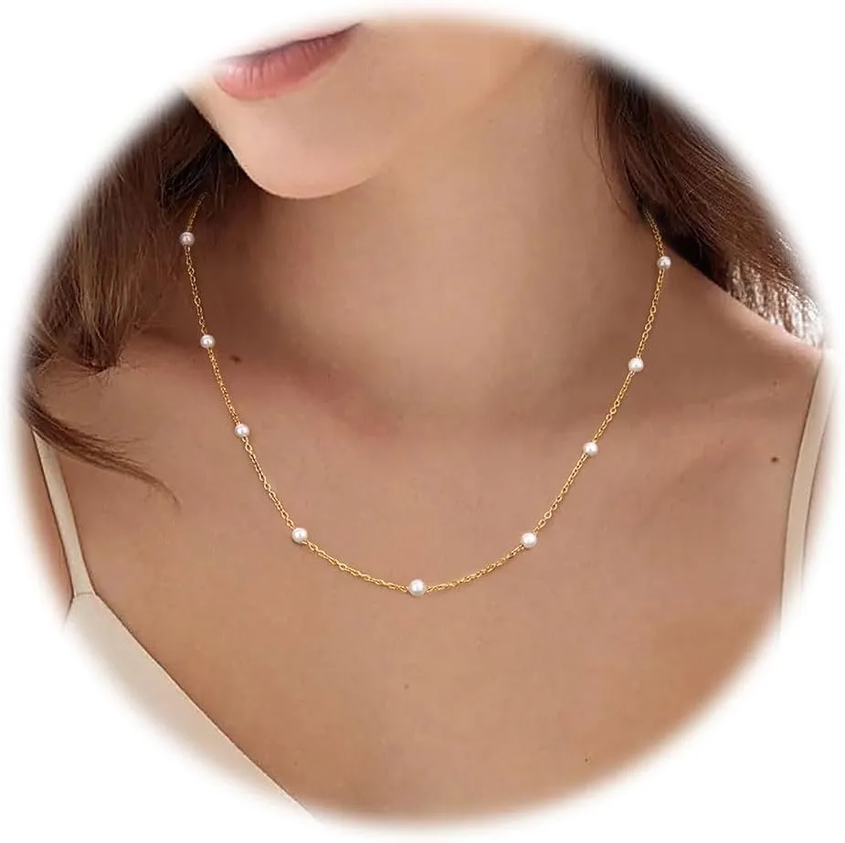 Pearl Necklace for Women,Dainty Silver/14K Gold Plated Necklace for Women Round White Imitation Pearls Simple Pearl Choker Cute Everyday Jewelry for Women Elegant Bridesmaid Wedding Jewelry