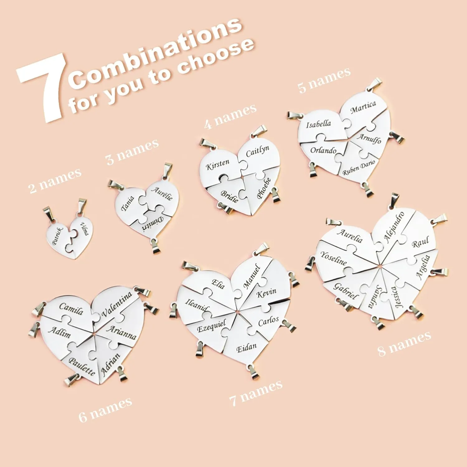 Personalized Sterling Silver Heart Puzzle Necklaces Set  Custom Name 2/3/4/5/6/7/8 Pieces BFF & Family Jewelry with Free Engraving Elegant Packaging for Family Friends