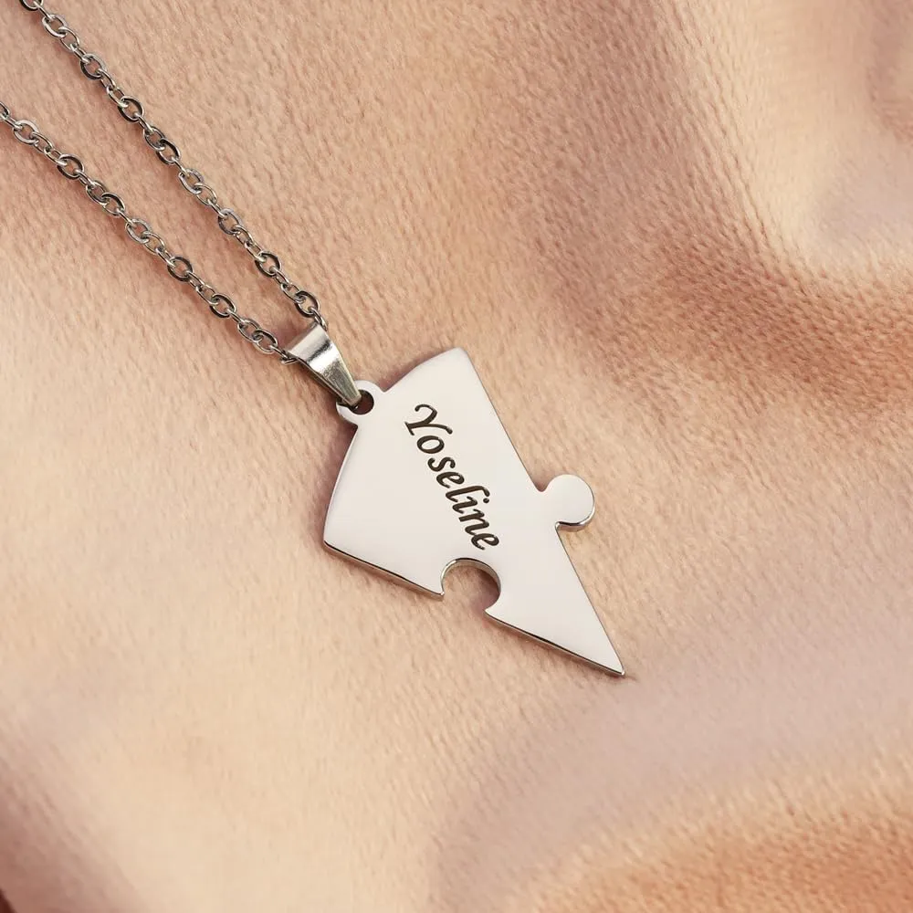 Personalized Sterling Silver Heart Puzzle Necklaces Set  Custom Name 2/3/4/5/6/7/8 Pieces BFF & Family Jewelry with Free Engraving Elegant Packaging for Family Friends