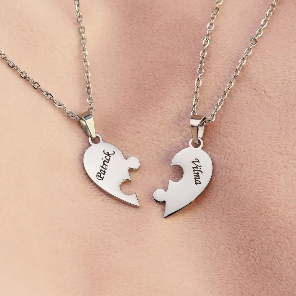 Personalized Sterling Silver Heart Puzzle Necklaces Set  Custom Name 2/3/4/5/6/7/8 Pieces BFF & Family Jewelry with Free Engraving Elegant Packaging for Family Friends