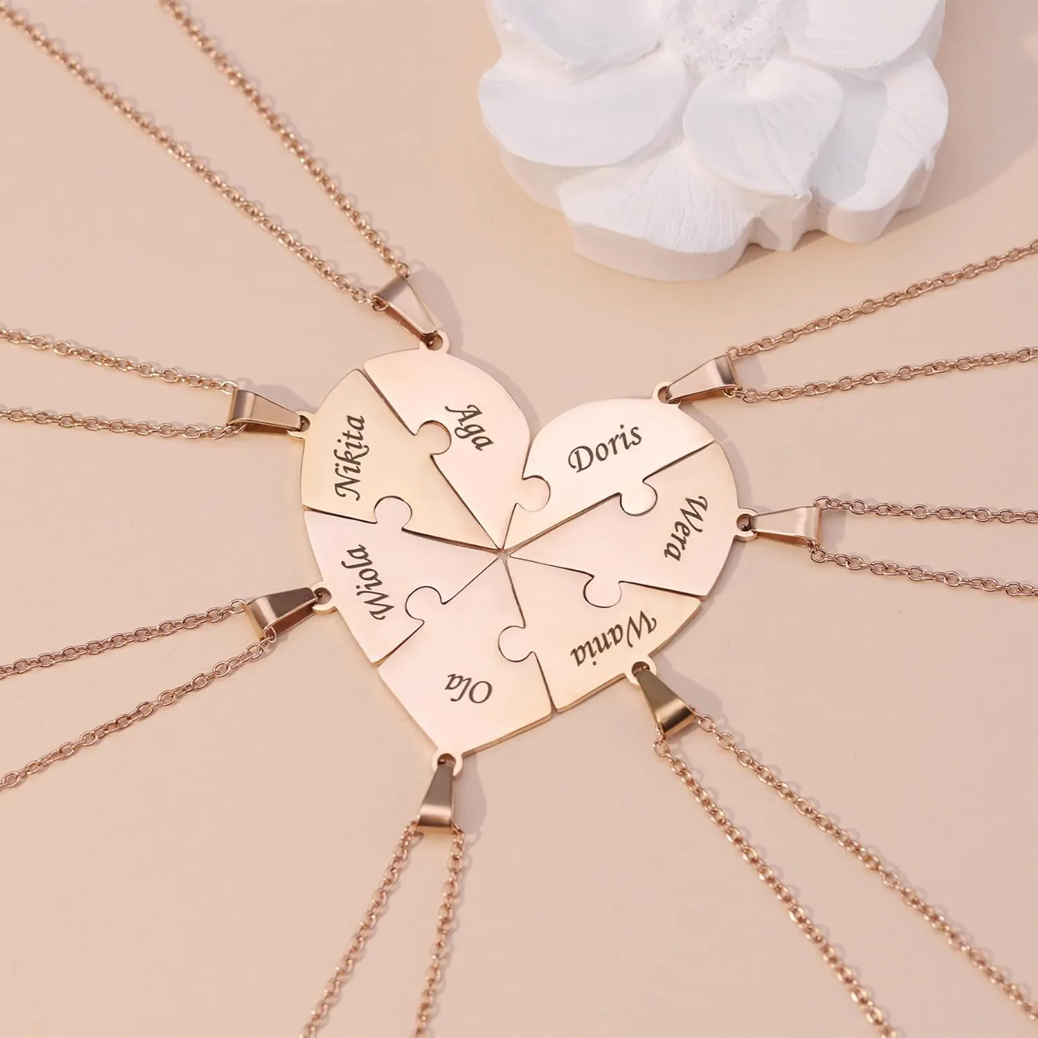 Personalized Sterling Silver Heart Puzzle Necklaces Set  Custom Name 2/3/4/5/6/7/8 Pieces BFF & Family Jewelry with Free Engraving Elegant Packaging for Family Friends