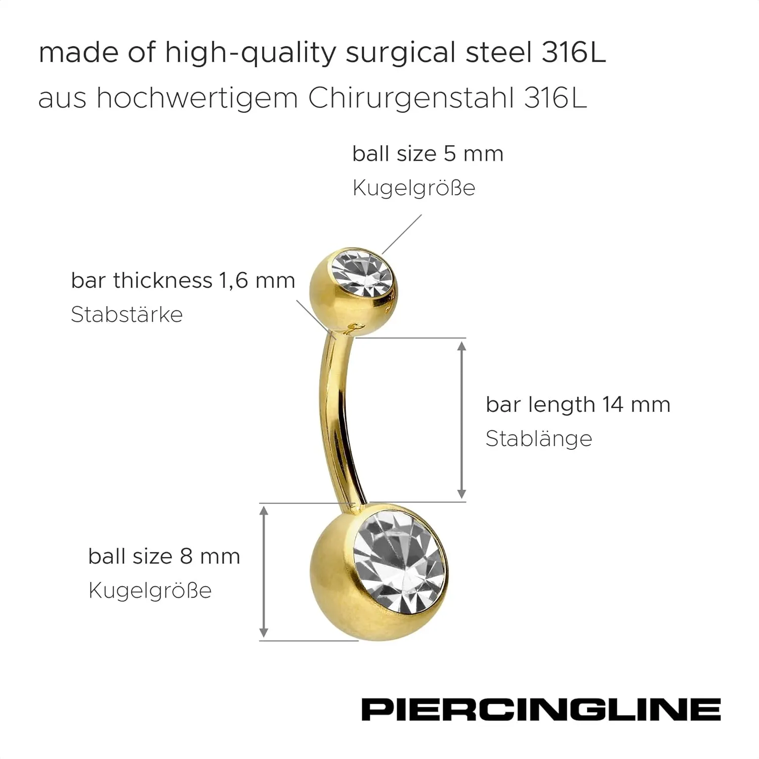 PIERCINGLINE belly button ring surgical steel with 2 clear crystals - navel piercing jewelry in 4 stylish colors (black, gold, rose gold ans silver) and 3 sizes