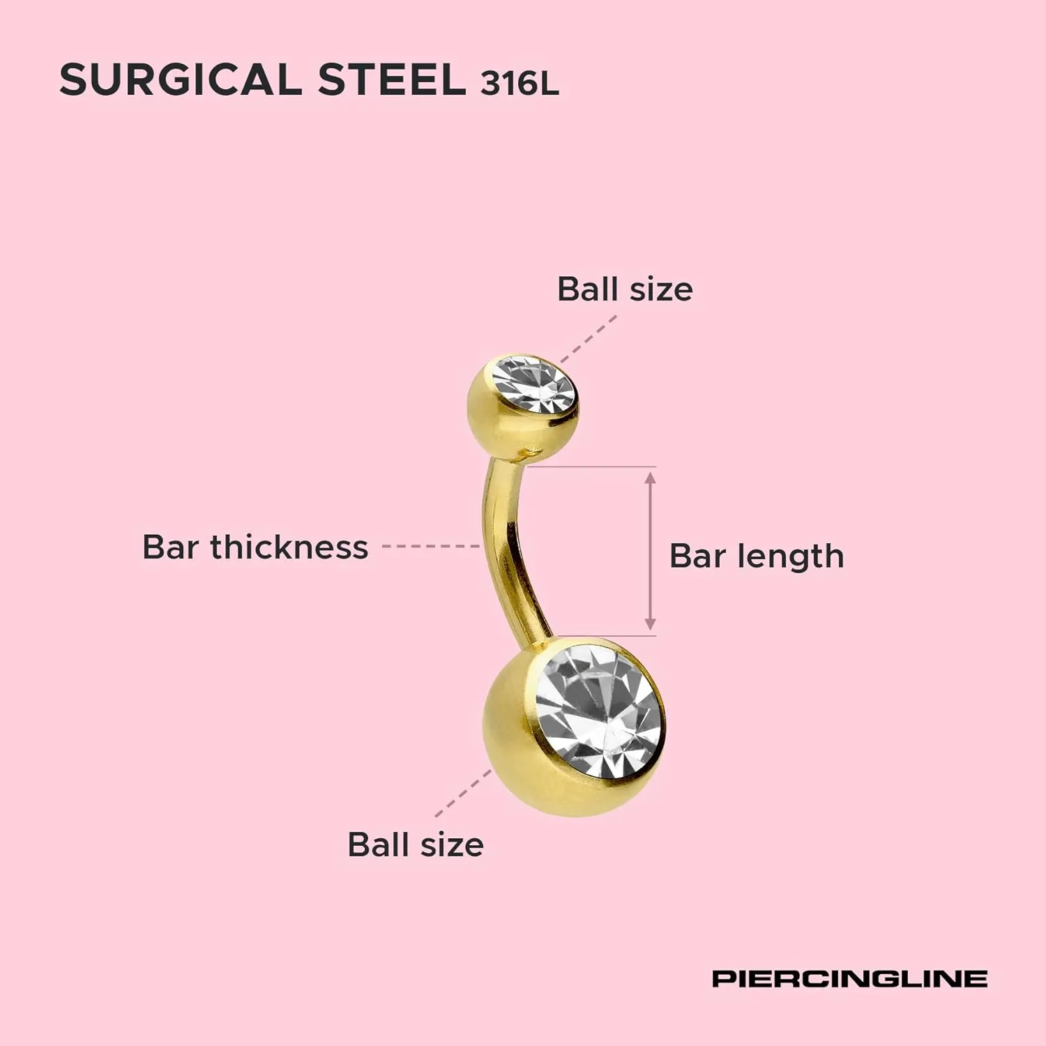 PIERCINGLINE belly button ring surgical steel with 2 clear crystals - navel piercing jewelry in 4 stylish colors (black, gold, rose gold ans silver) and 3 sizes