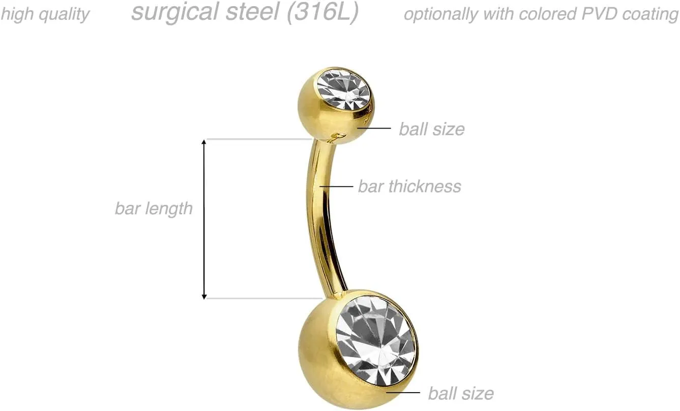 PIERCINGLINE belly button ring surgical steel with 2 clear crystals - navel piercing jewelry in 4 stylish colors (black, gold, rose gold ans silver) and 3 sizes