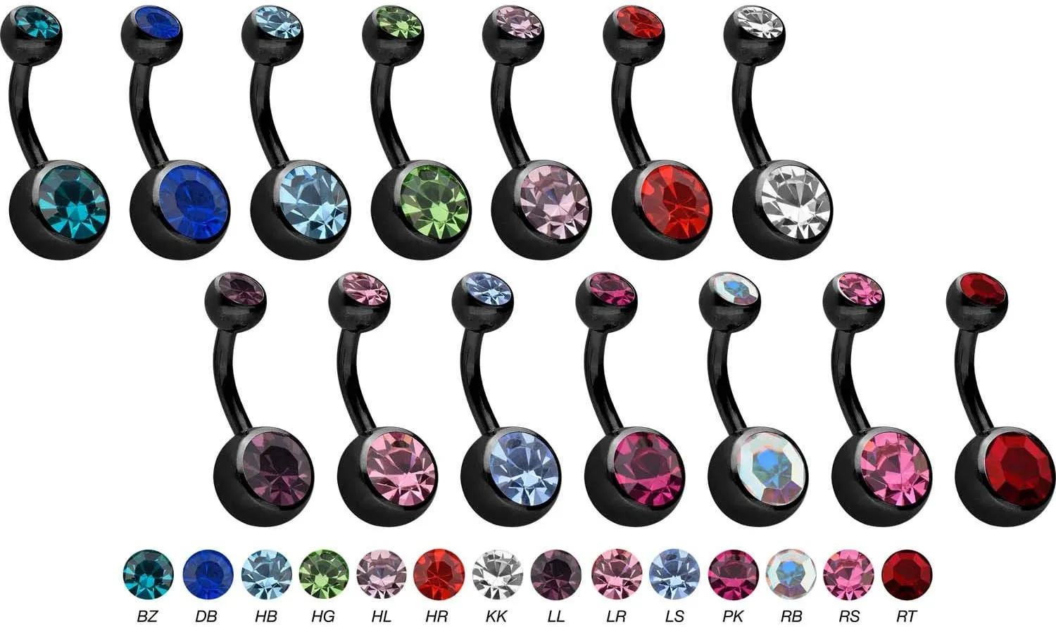PIERCINGLINE belly button ring surgical steel with 2 clear crystals - navel piercing jewelry in 4 stylish colors (black, gold, rose gold ans silver) and 3 sizes