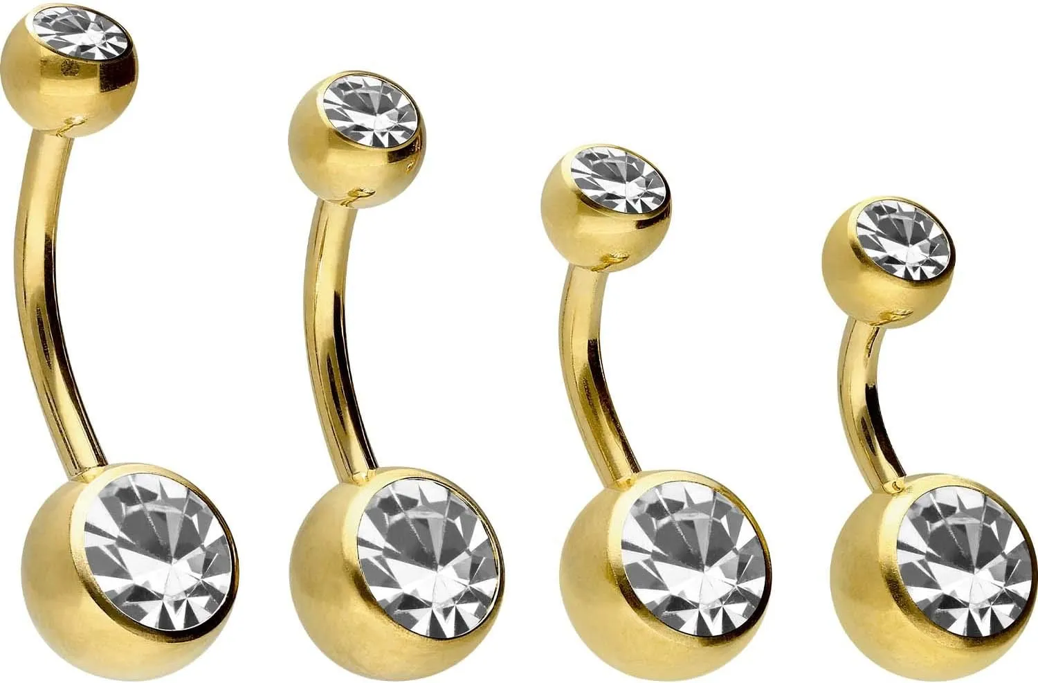 PIERCINGLINE belly button ring surgical steel with 2 clear crystals - navel piercing jewelry in 4 stylish colors (black, gold, rose gold ans silver) and 3 sizes