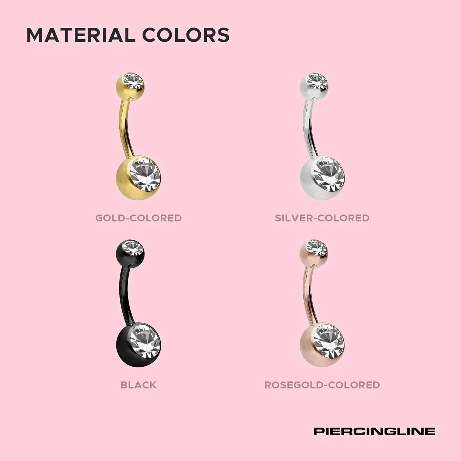 PIERCINGLINE belly button ring surgical steel with 2 clear crystals - navel piercing jewelry in 4 stylish colors (black, gold, rose gold ans silver) and 3 sizes
