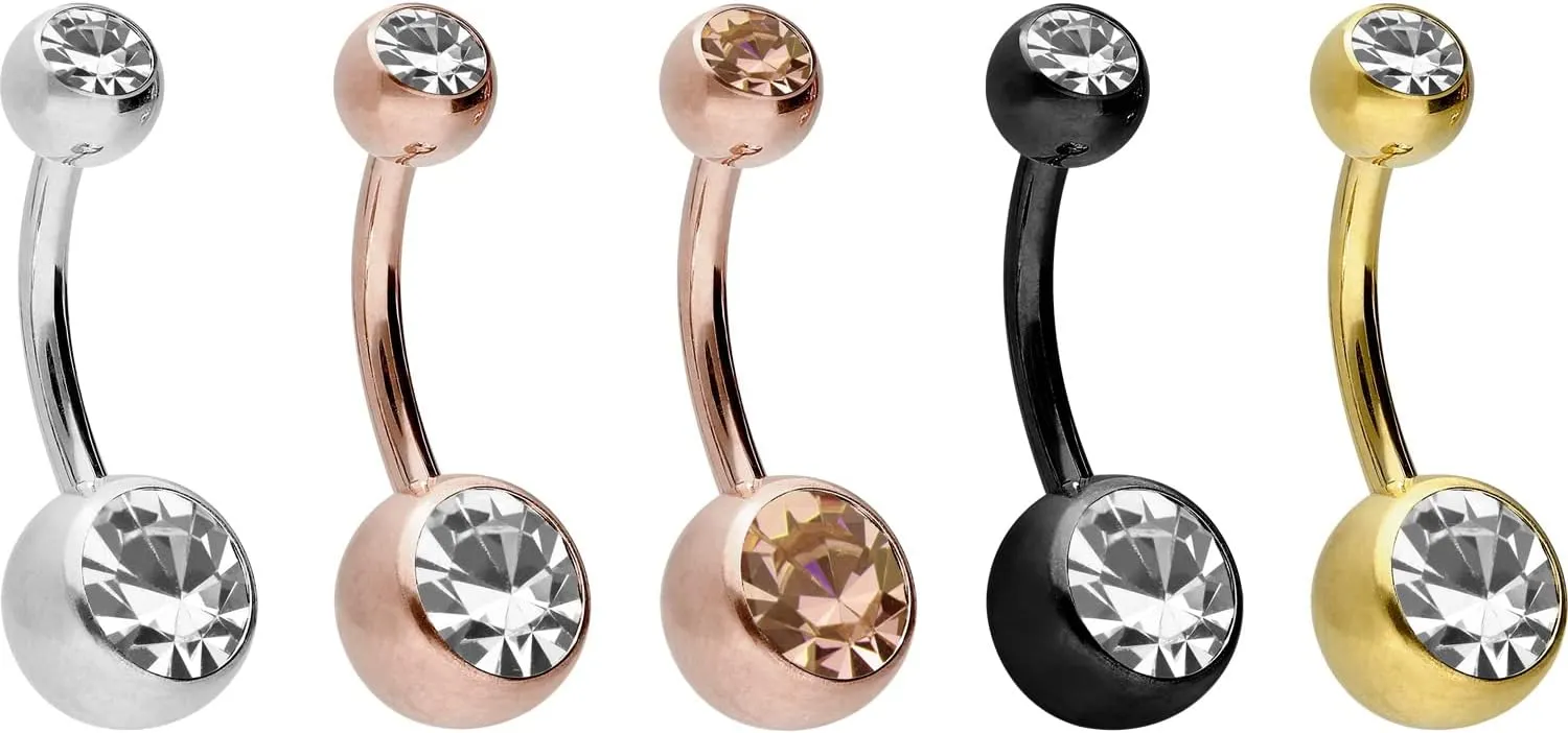 PIERCINGLINE belly button ring surgical steel with 2 clear crystals - navel piercing jewelry in 4 stylish colors (black, gold, rose gold ans silver) and 3 sizes