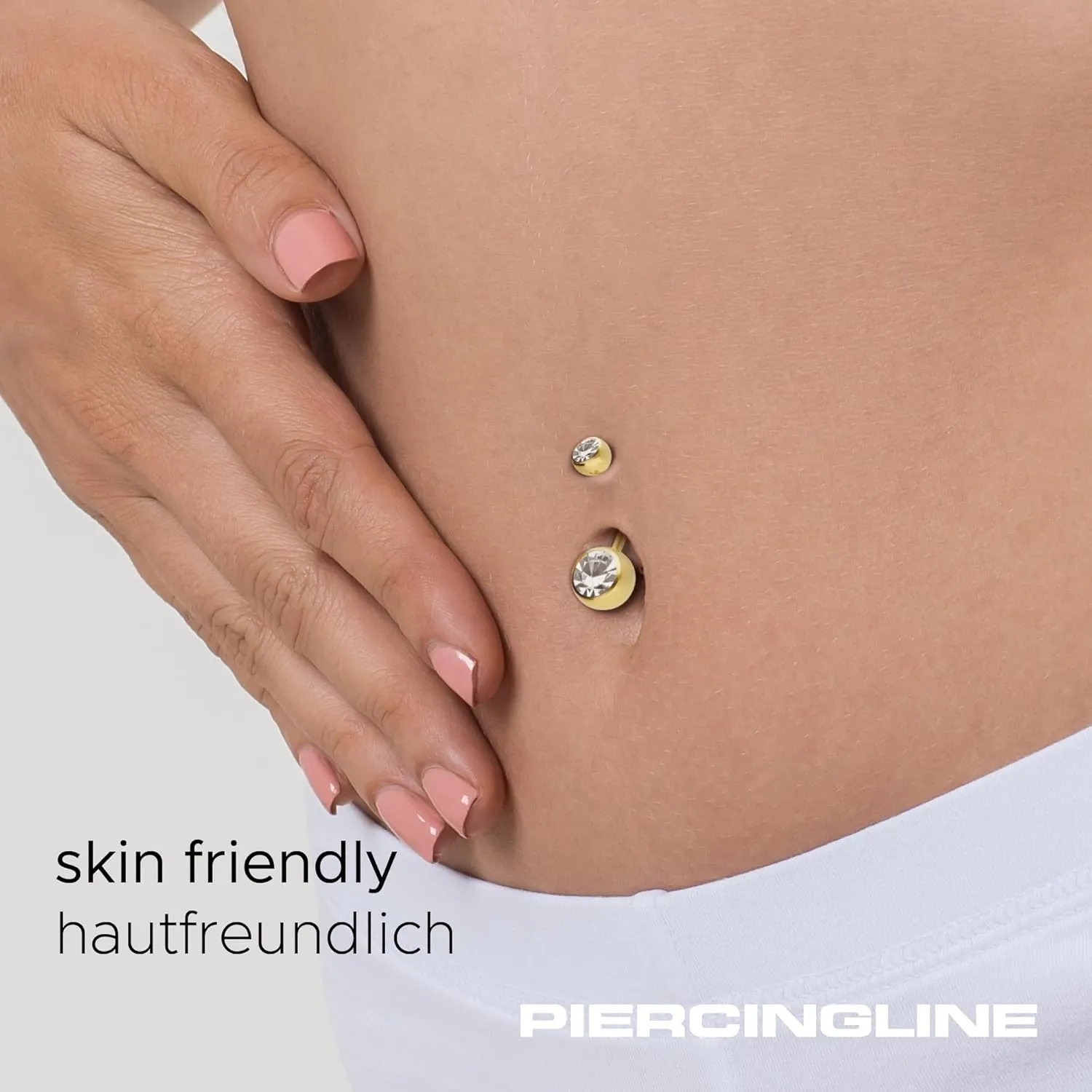 PIERCINGLINE belly button ring surgical steel with 2 clear crystals - navel piercing jewelry in 4 stylish colors (black, gold, rose gold ans silver) and 3 sizes