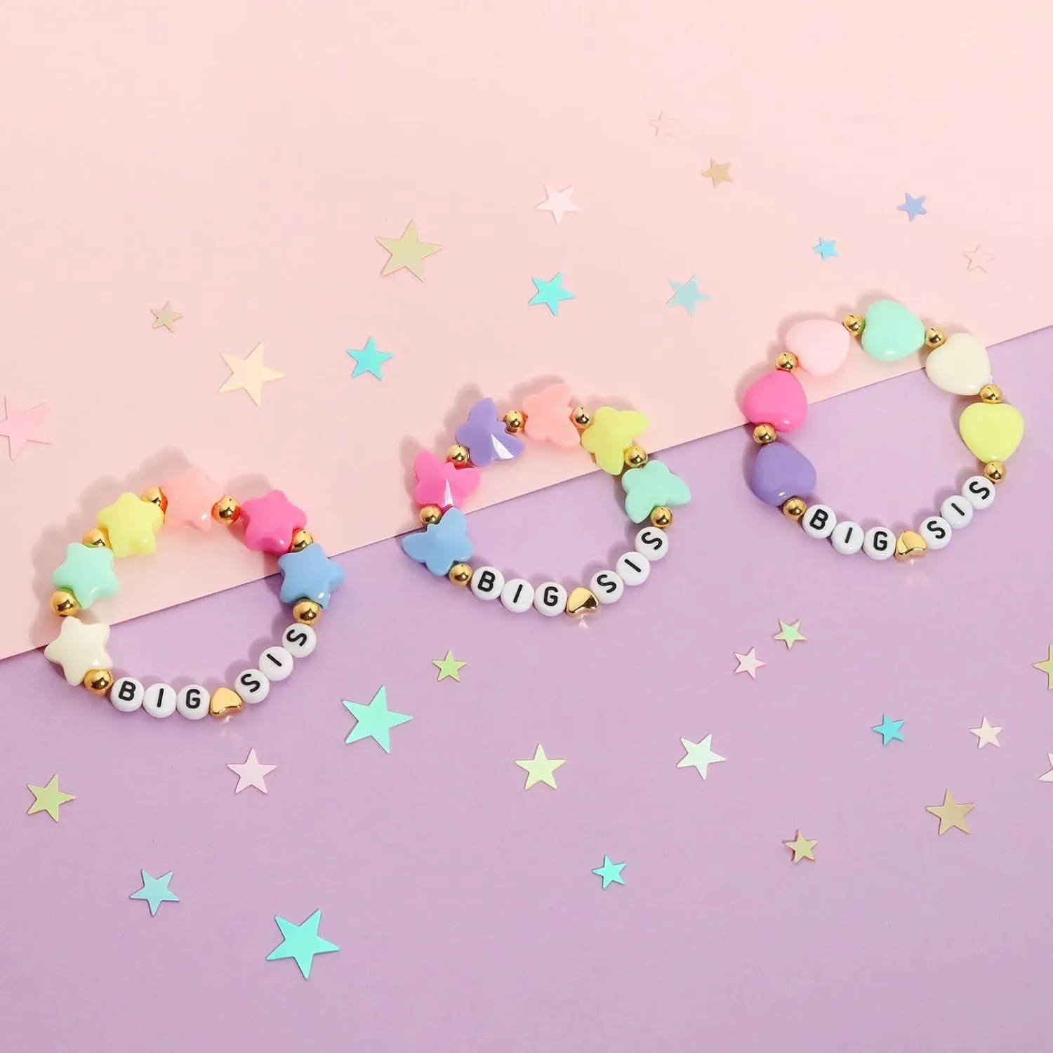 Pingyongchang Colorful Big Sister Bracelets Heart Star Butterfly Charm Beaded Bracelet Cute BIG SIS Stretch Bracelets Friendship Jewelry Gift for Women