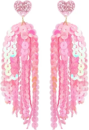 Pingyongchang Shiny Sparkly Sequin Tassel Dangle Drop Earrings Cute Love Heart Glitter Earrings for Women Couple Party Jewelry Gift