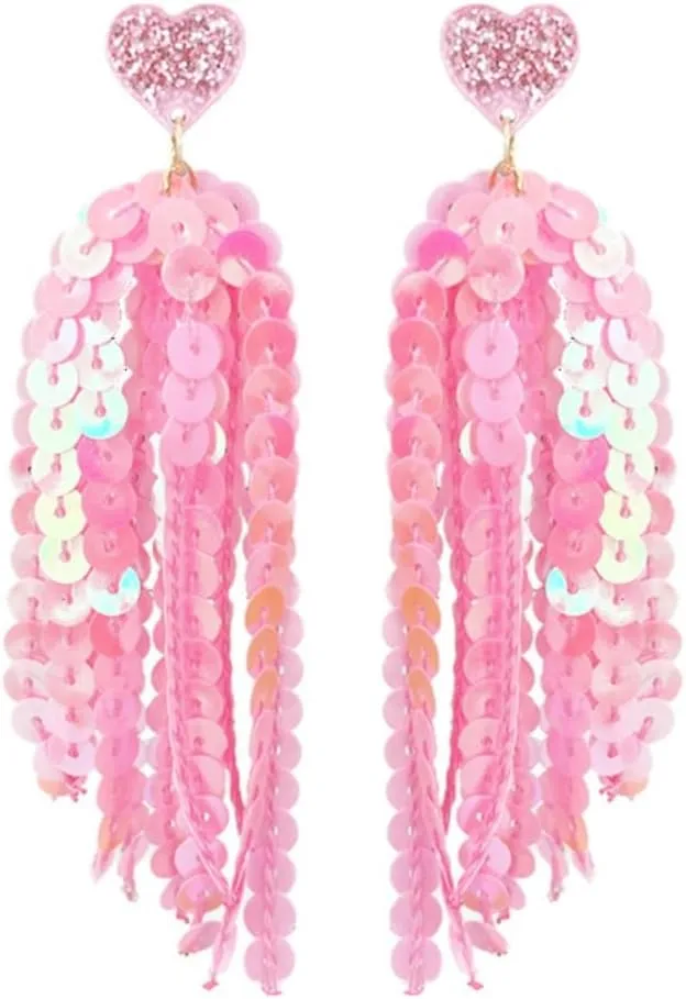 Pingyongchang Shiny Sparkly Sequin Tassel Dangle Drop Earrings Cute Love Heart Glitter Earrings for Women Couple Party Jewelry Gift