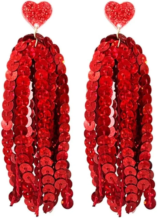 Pingyongchang Shiny Sparkly Sequin Tassel Dangle Drop Earrings Cute Love Heart Glitter Earrings for Women Couple Party Jewelry Gift