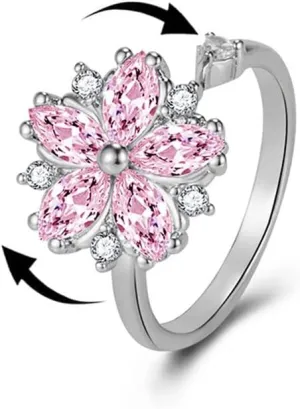 Pink CZ Flower Spinner Fidget Open Rings for Women Anxiety Rotate Stress Relief Cubic Zirconia Jewelry Adjustable Stacking Diamond Finger Ring Daughter Birthday Valentine's Day Sweet Crystal Gifts
