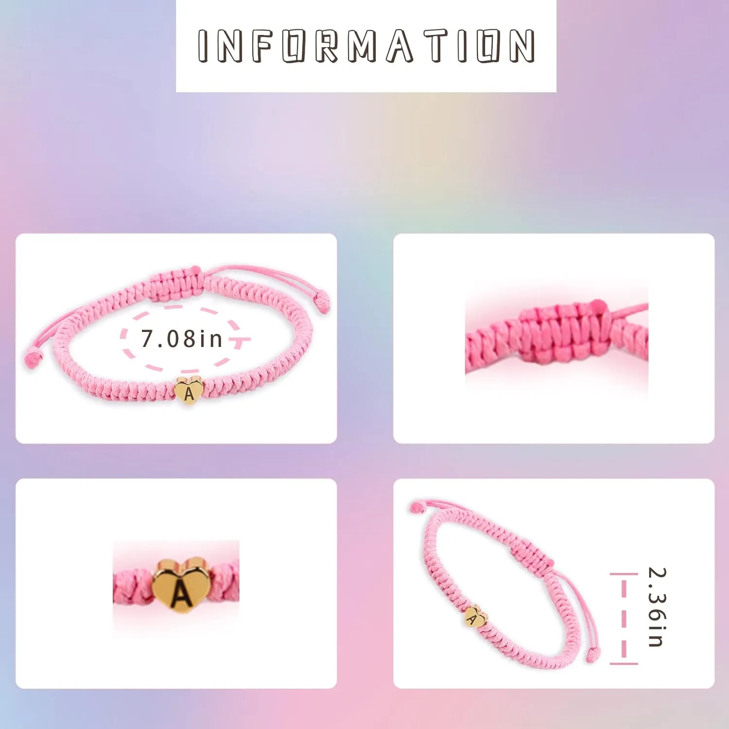 Pink Initial Bracelet Weave Rope Letter Bracelet for Women Heart Charm A-Z Birthday Gifts Handmade Adjustable Jewelry for Couple Daughter Son Mom Female Men Jewelry Gift (L)