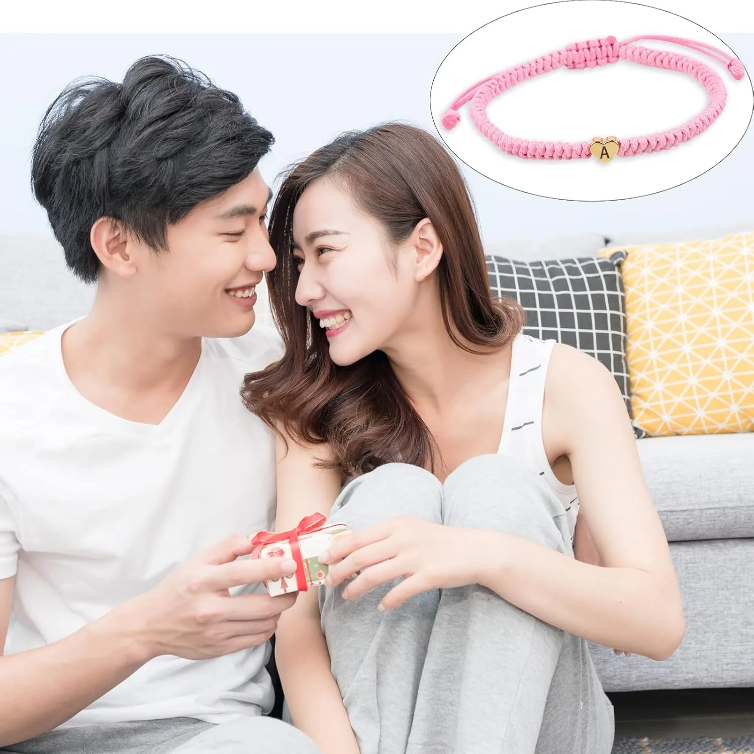 Pink Initial Bracelet Weave Rope Letter Bracelet for Women Heart Charm A-Z Birthday Gifts Handmade Adjustable Jewelry for Couple Daughter Son Mom Female Men Jewelry Gift (L)