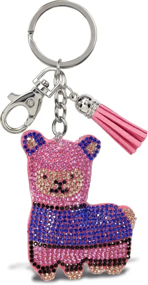 Pink Llama Keychain - Sparkling Rhinestones Charm with Tassel, Fashionable Stylish Polyester PU Cute Key Ring Bling Crystal Jewelry Accessory with Clasp