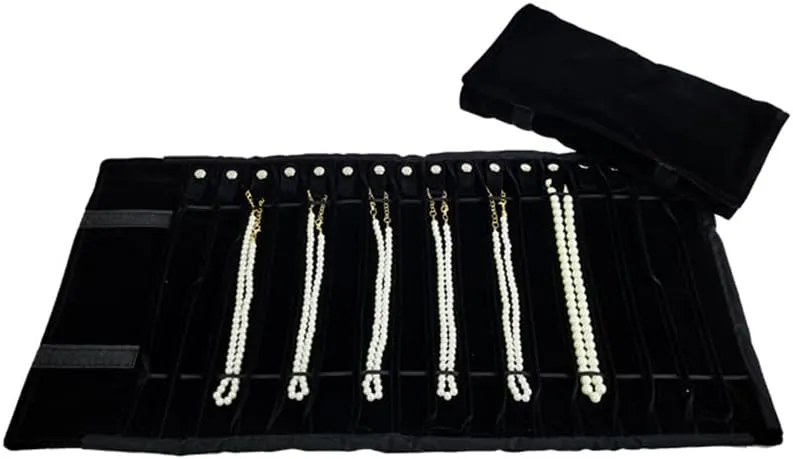 Portable Jewelry Roll Untangled Secure Necklace Travel Storage Bag Displays Holder 16 Chain (Black)