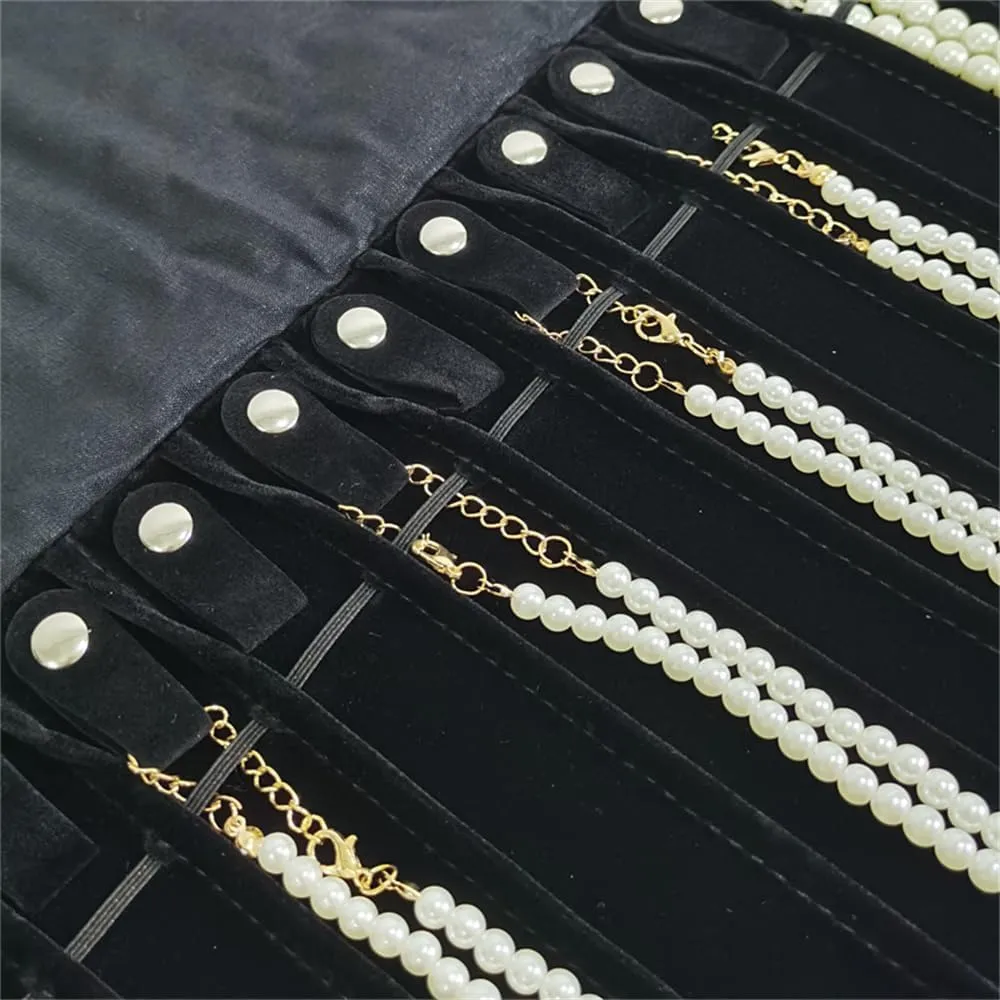 Portable Jewelry Roll Untangled Secure Necklace Travel Storage Bag Displays Holder 16 Chain (Black)