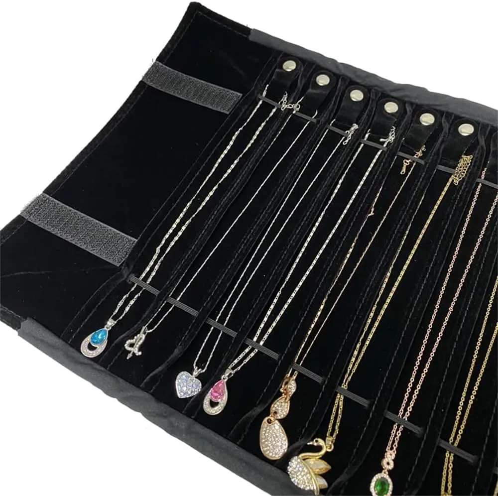 Portable Jewelry Roll Untangled Secure Necklace Travel Storage Bag Displays Holder 16 Chain (Black)
