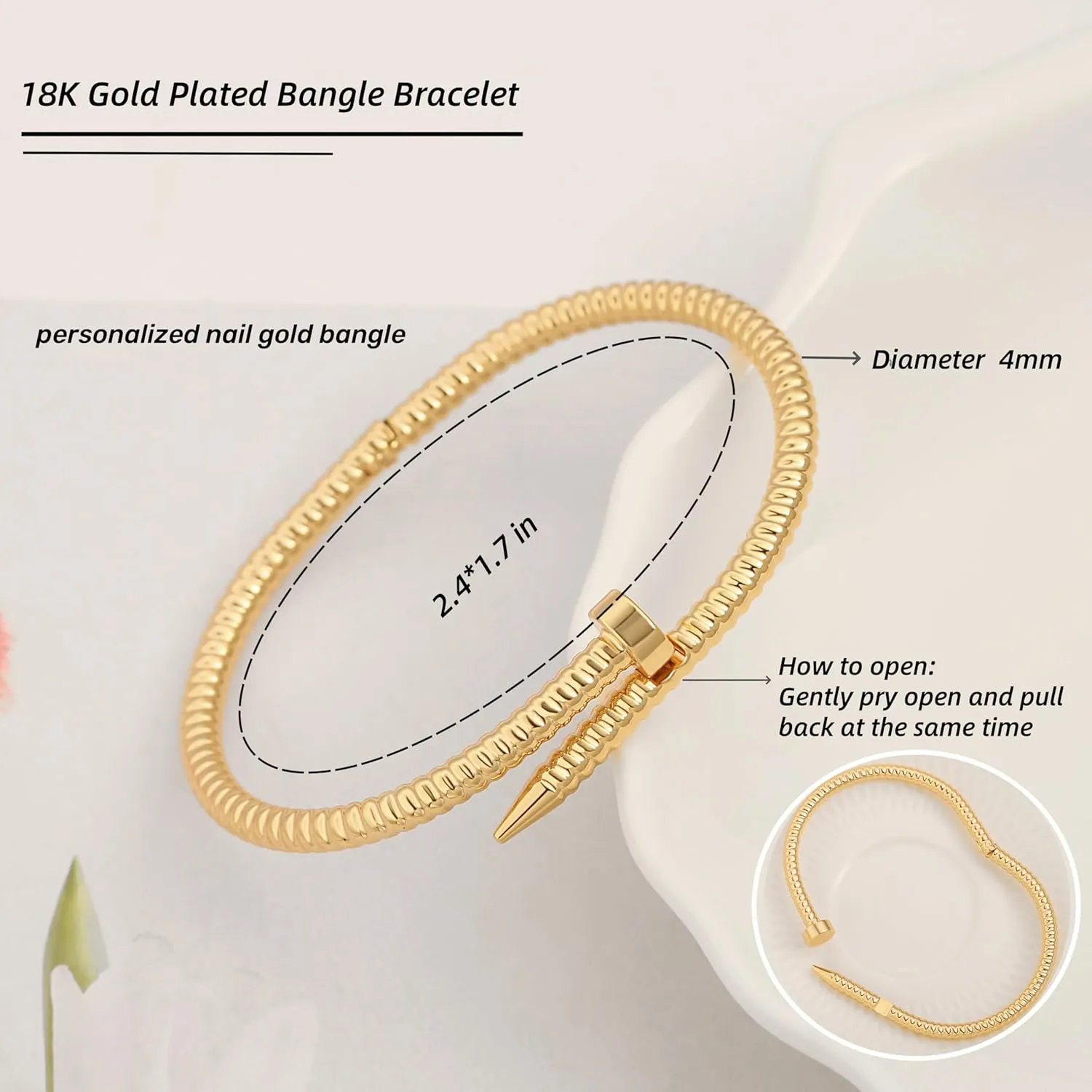 POTESSA 18K Gold Plated Open Bangle Cuff Bracelets Adjustable Dainty Boho Cuff Bangle Bracelets Handemade Jewelry for Women